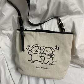 卡通小狗春日郊游托特包包女休闲手提单肩百搭帆布包工厂一件代发