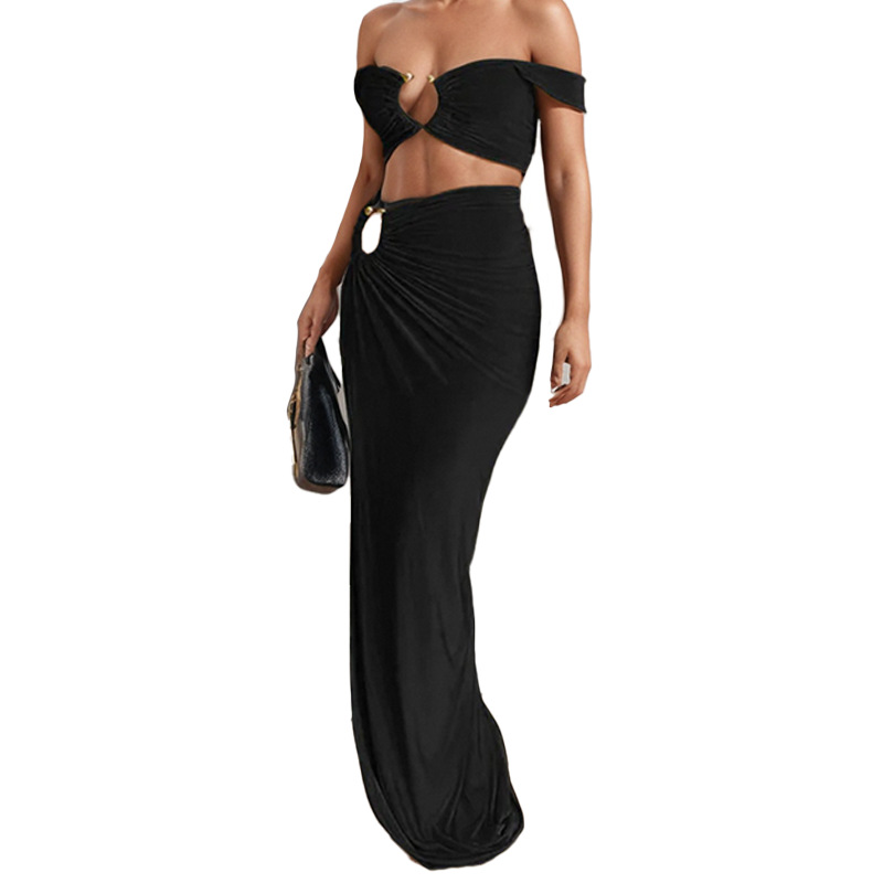 New Sexy Girl Strapless Bustier Solid Color Split Hem Skirt Fashion Set Women's Two-Piece Outfit_ecoleips.com