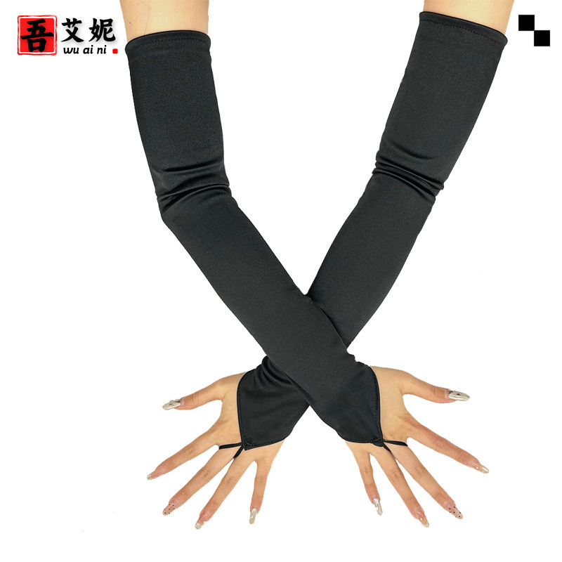 Long Fingerless Satin Gloves for Halloween Masquerade, Wai Ni Jun Bride Wedding Dress Sleeves for Women