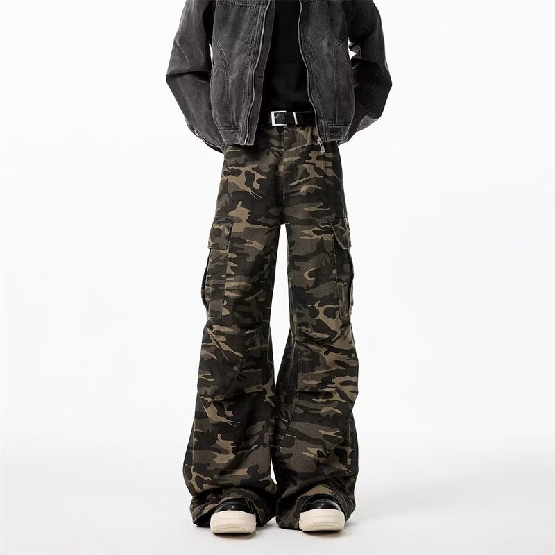 Heavyweight Camouflage Pants for Men, Spring New American Style Trendy Hip-Hop Pleated Loose Wide-Leg Flared Cargo Pants Heavyweight Camouflage Pants for Men, Spring New American Style Trendy Hip-Hop Pleated Loose Wide-Leg Flared Cargo Pants