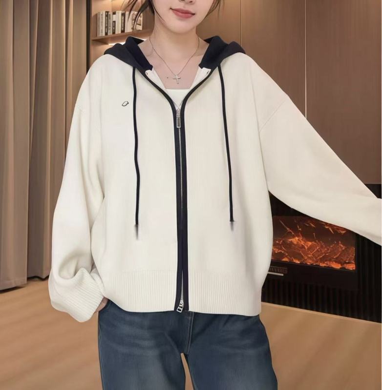 撞色连帽针织衫外套女秋冬2025新款韩版慵懒风双拉链加厚毛衣开衫|undefined