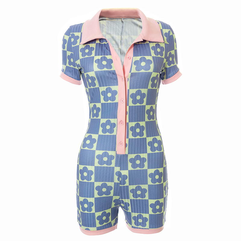 printing stand collar short-sleeved single-breasted jumpsuit NSSWF113244