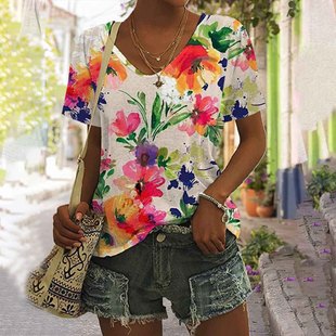 Foreign trade factory independent station cross-border 2023 European and American women's creative flower plant 3D short sleeve top T-shirt women