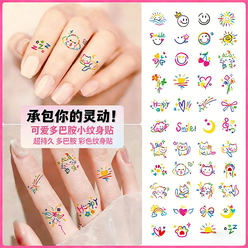 Cute Dopamine Small Tattoo Stickers Waterproof for Girls, Long-Lasting Waterproof, Colorful Cat Finger Tattoo Stickers Ins