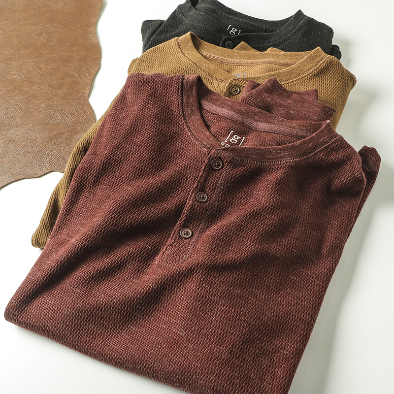 The goods are not much to grasp into the waffle fabric foreign trade tail goods spring and autumn Henry collar knitted long sleeve T-shirt men