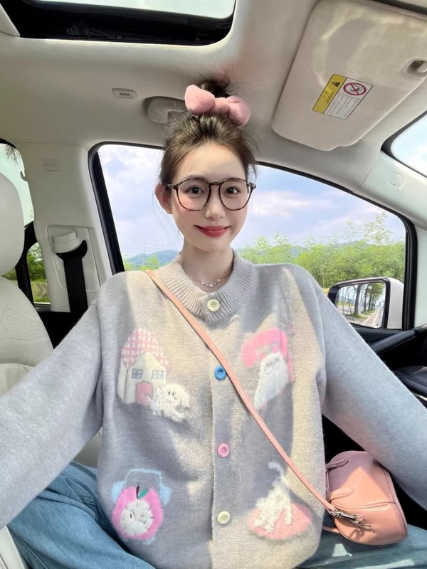 韩系chic巨好看的卡通提花针织开衫女装2025秋季软糯甜美减龄上衣|undefined