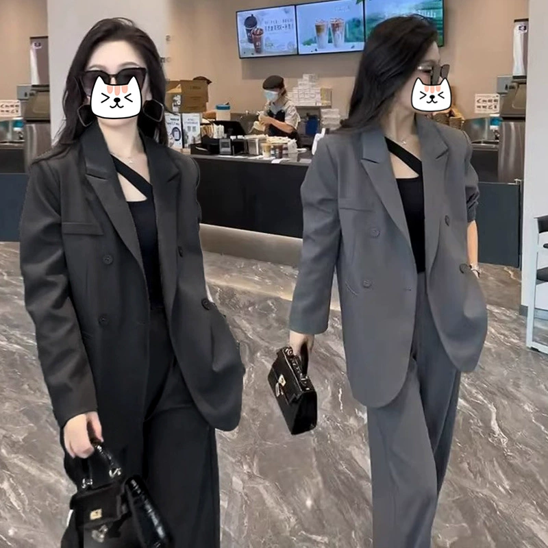 Женский Повседневный свободный костюм больших размеров, облегающий костюм с широкими штанинами для полных девушек, костюм из двух частей [6613]