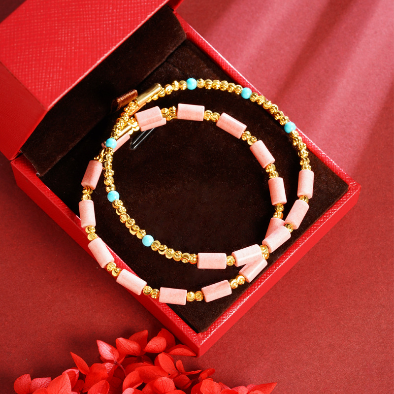 Pulsera con cuentas turquesa con costuras rosas de oro de arena antigua de Vietnam