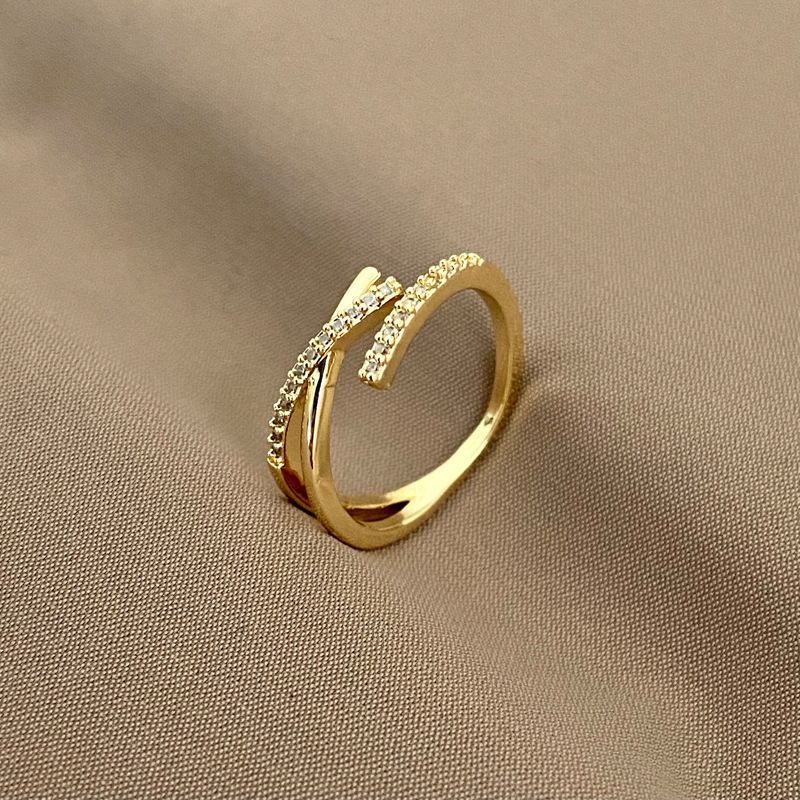 Light luxury copper-plated zircon ring, feminine and high-end, open adjustable super flash ring, simple popular ins style