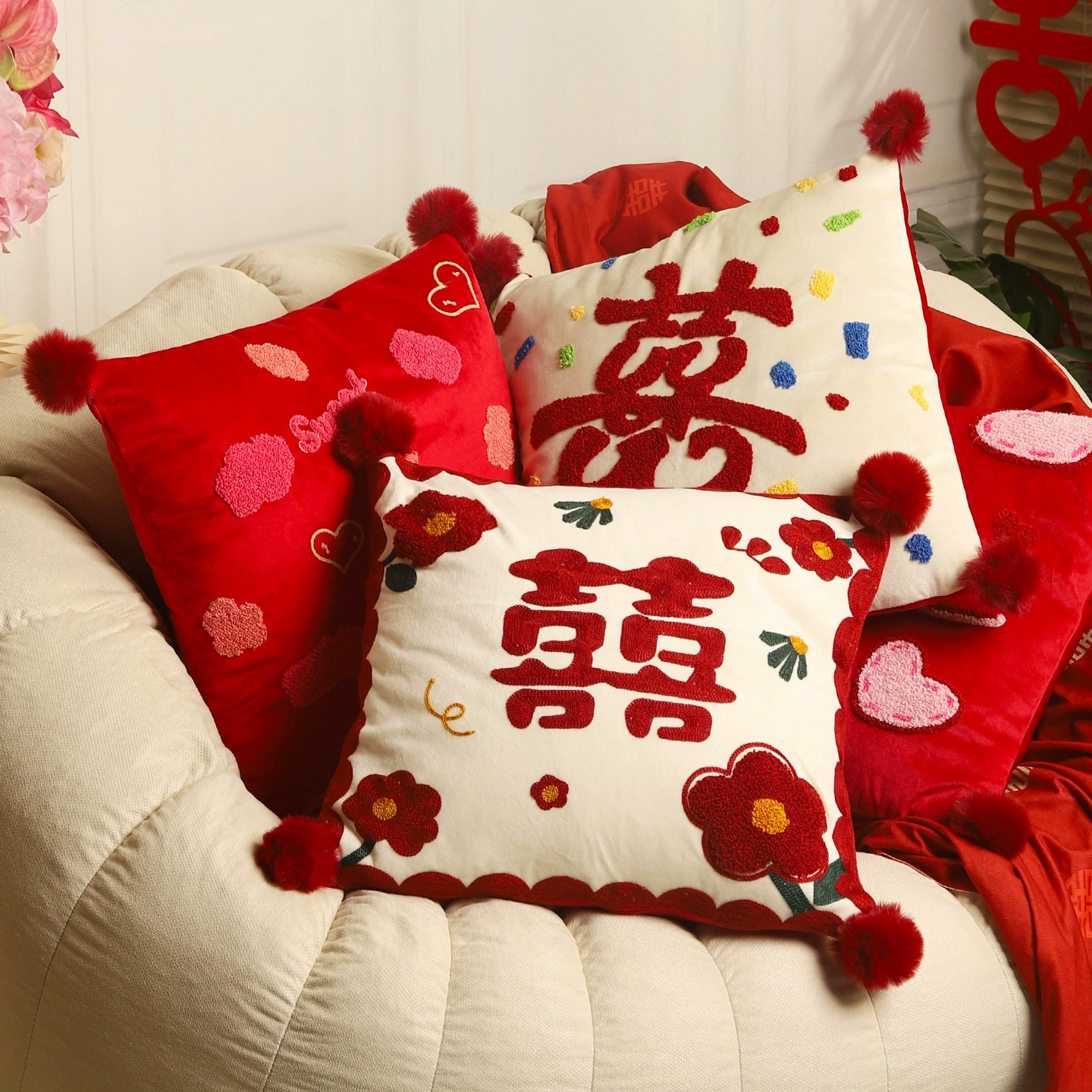 Свадебные подушки, свадебные принадлежности, свадебные плюшевые подушки, пара праздничных красных подушек для кровати, вышивка украшения свадебной комнаты.