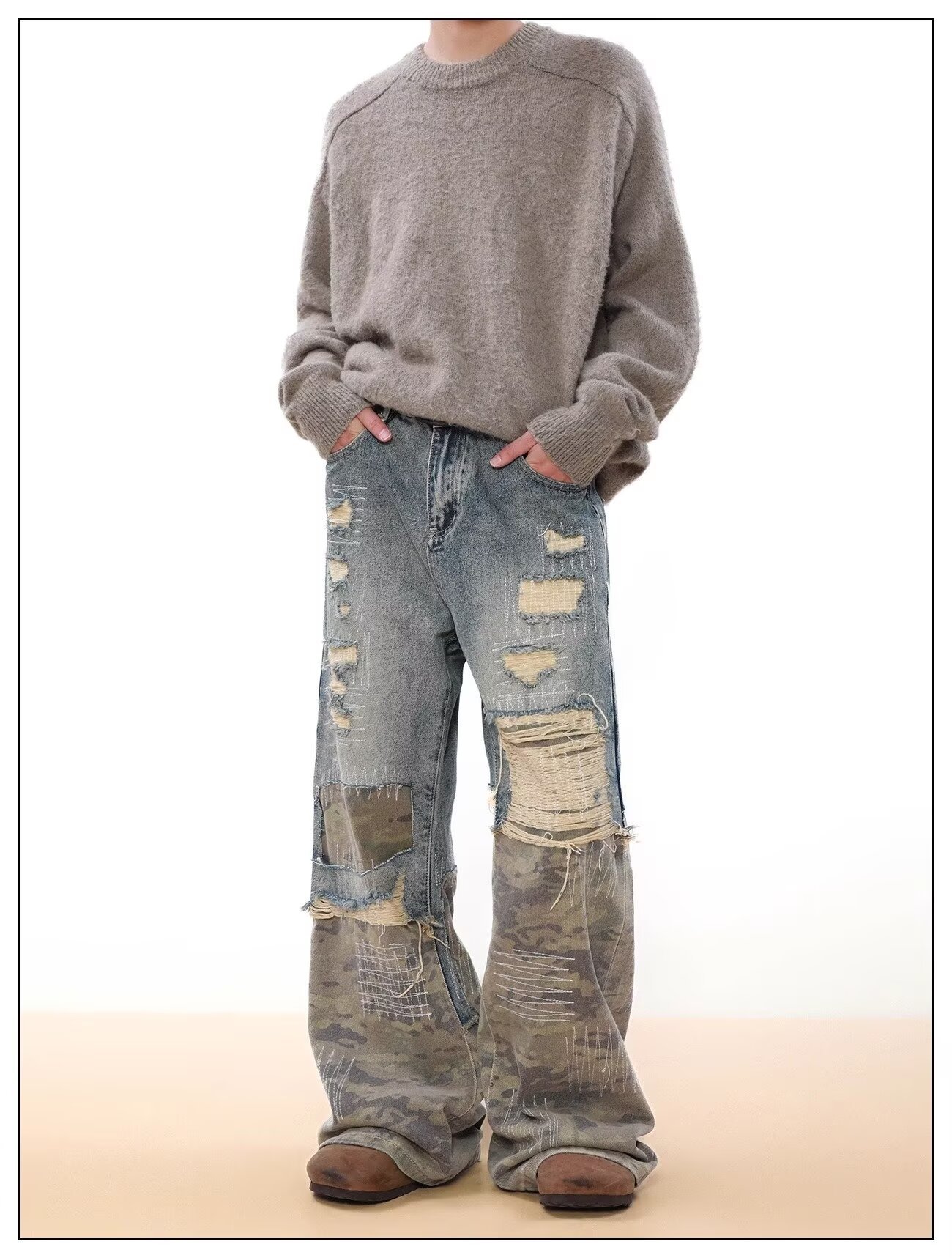 Jeans uomo vintage denim distressed patchwork camouflage blu_voghion.com