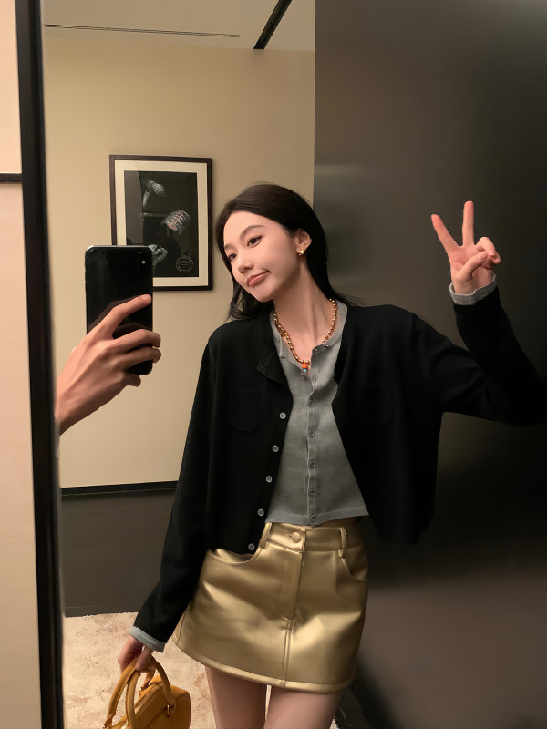 区区欧阳撞色假两件针织衫女秋季慵懒风毛衣软糯开衫复古长袖上衣|undefined