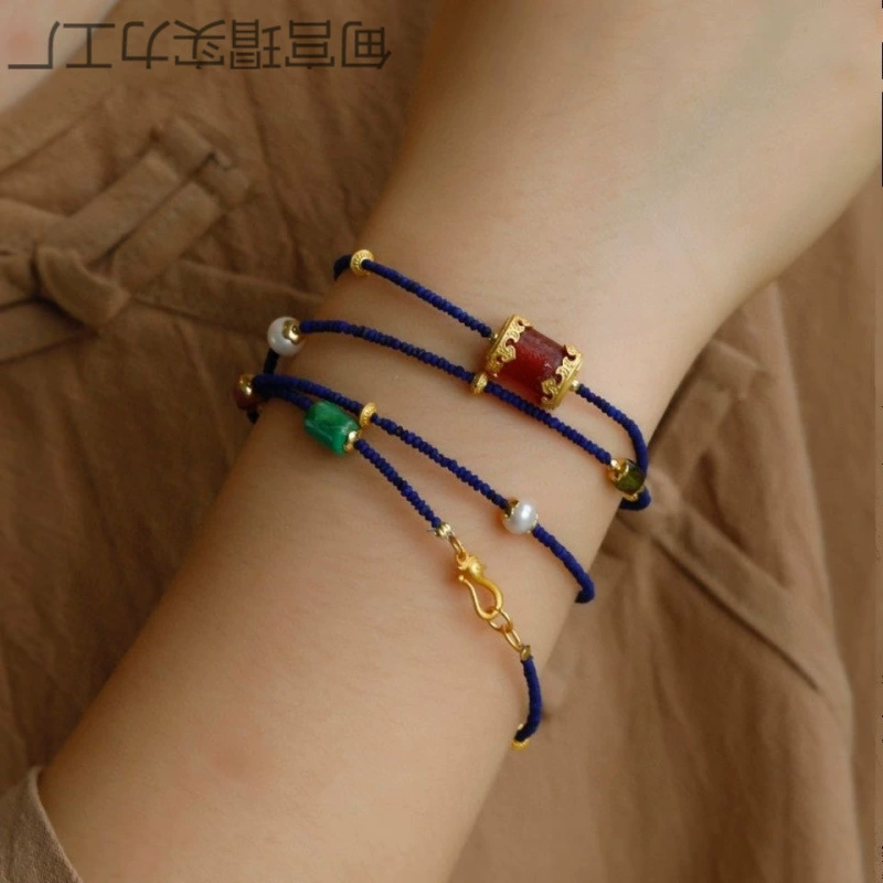 Натуральные бусины из лазурита, многоцветочный дизайн, браслет, ожерелье, модель двойного назначения с аксессуарами из жемчуга и турмалина