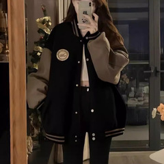 跨境慵懒风棒球服外套女秋冬加绒加厚复古宽松休闲开衫卫衣ins潮