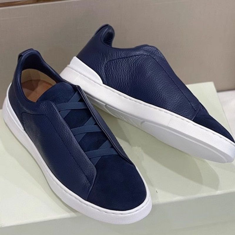 Soft Sole Sneakers with Cross Elastic Band, Men's Sneakers with Leather, Lace-Free Casual Shoes, Men's Slip-On Low-Cut Slip-Ons