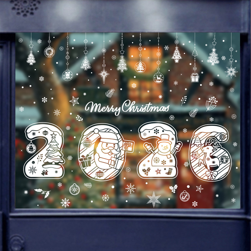 メリークリスマスステッカークリスマス製品ホワイトスノーフレーク静電ステッカーサンタヘラジカ雪だるまウィンドウステッカー卸売|undefined