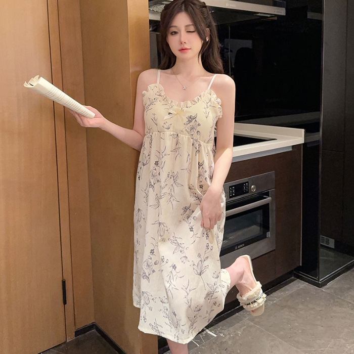 Verano con almohadilla de pecho pijama largo mediano pijama mujer nubes de algodón dulce lindo estudiante vestido de ropa casera casual