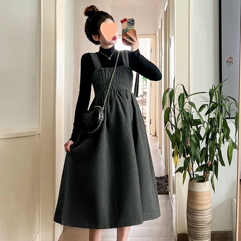 임산부 옷 가을 드레스 슈트 네트 셀러브리티 하프 터틀넥 상의 중간 길이 울 오버올 스커트 가을과 겨울