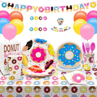 甜甜圈主题蛋糕餐具纸盘儿童生日一次性桌布纸巾纸杯拉旗纸袋环保