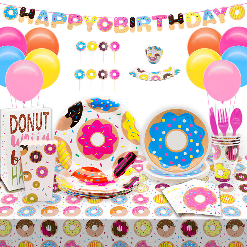 Vajilla con temática de donuts, platos de papel, mantel desechable para cumpleaños infantiles, toallas de papel, vasos de papel, guirnaldas, bolsas de papel, ecológicas