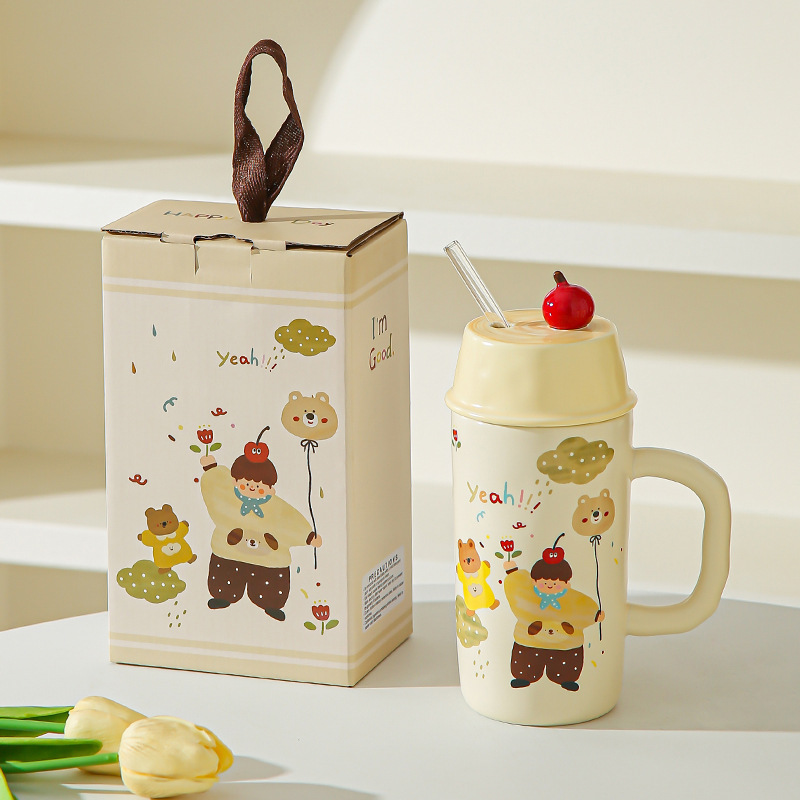 Caricatura creativa para niños y niñas tazas de cerámica con cubierta de paja para parejas tazas de agua taza de leche taza de desayuno regalo