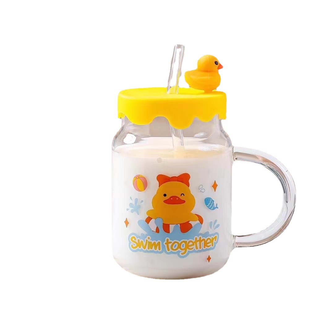Pato amarillo lindo de los niños con dibujos animados de mango con tapa resistente a altas temperaturas taza de agua universal taza de paja regalo vidrio