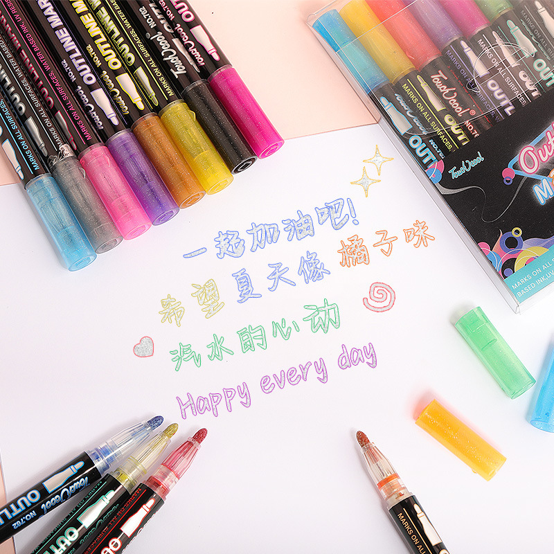 Cross-Border Exclusive Supply of Double-Line Outline Pens, Graffiti Drawing Colored Markers, Student Journal Pens, Marking Pens, Glitter Highlighters