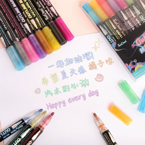 Cross-Border Exclusive Supply of Double-Line Outline Pens, Graffiti Drawing Colored Markers, Student Journal Pens, Marking Pens, Glitter Highlighters