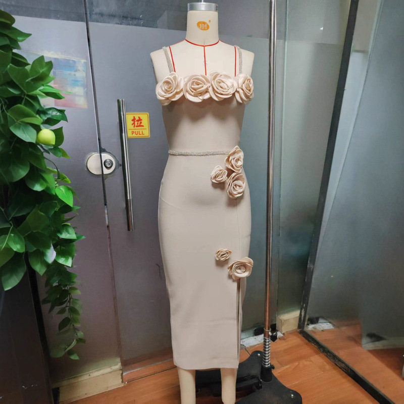 Amazon Cross-Border Three-Dimensional Rose Suspender Long Dress Wedding Bridesmaid Dress Bandage Dress