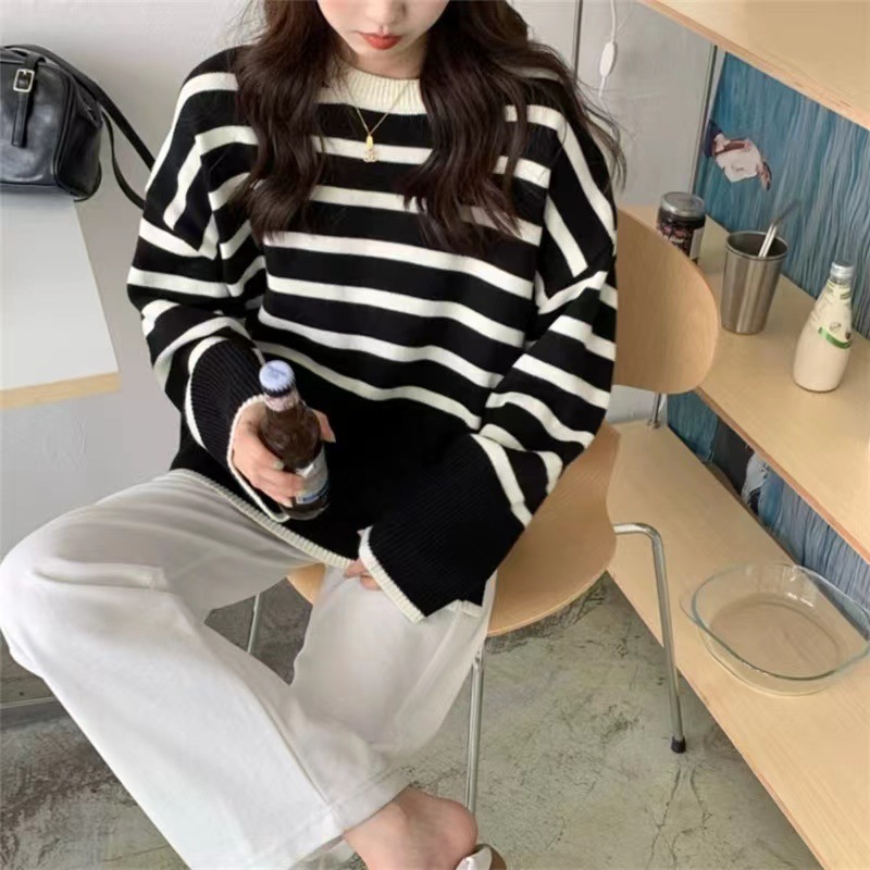 韩版条纹毛衣女慵懒风秋冬新款外搭开叉设计感撞色圆领套头针织衫|undefined