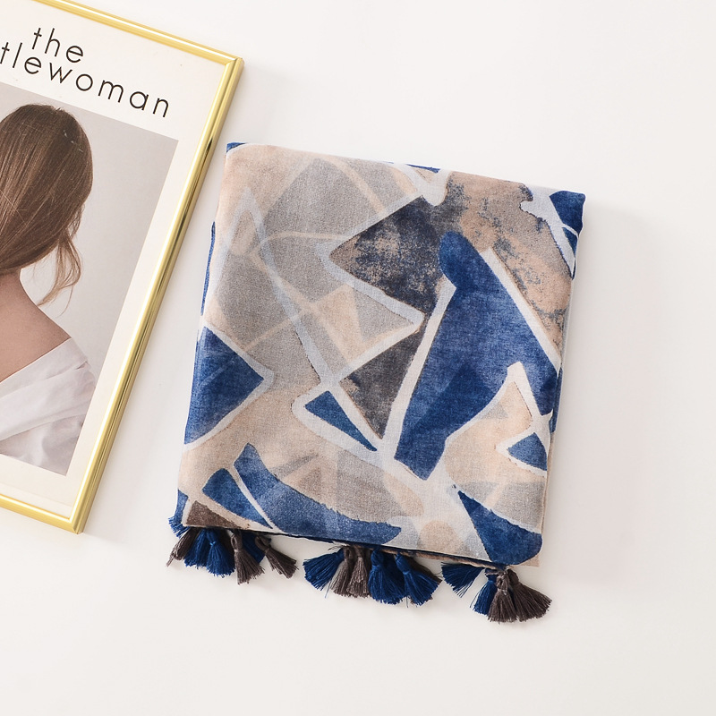 Comercio exterior transfronterizo algodón y lino pintado a mano bufanda de seda piedra pintado a mano contraste color patrón geométrico borla bufanda viaje protector solar toalla de playa