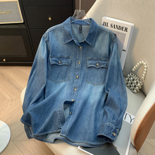 秋季纯棉牛仔衬衣女高级感时尚气质叠穿复古港风长袖宽松大码衬衫