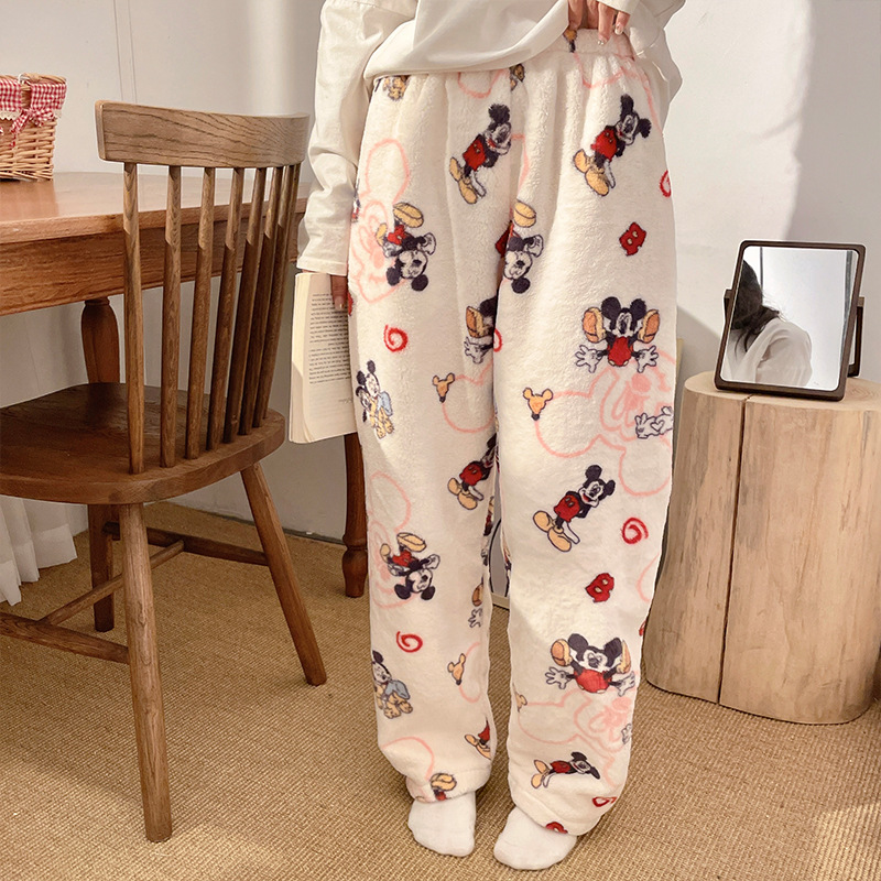 Pantalones de pijama de franela de dibujos animados de otoño y invierno para mujeres con pantalones de lana de coral caliente para estudiantes de lana de invierno para el hogar