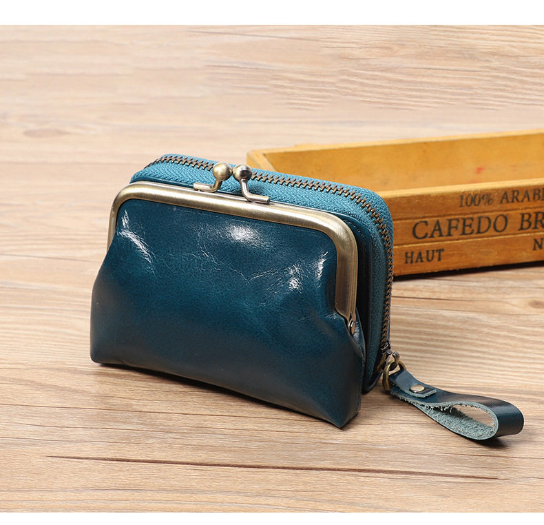 Ví nữ da bò thật cổ điển dạng gấp đựng tiền xu thẻ 11×6×8 cm — Màu đen, Đỏ hoa hồng chi tiết 29