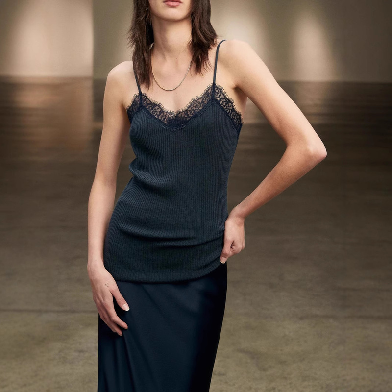 Trendy B-Grade Biella Washable Wool Stretch Slim Eyelash Lace Patchwork Knit Camisole from Germany