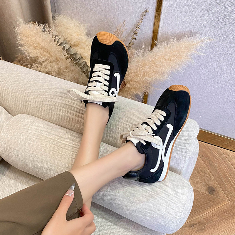 Giày sneaker nữ dáng Agandexun buộc dây tăng chiều cao bên trong 5 cm, mũi tròn, phong cách casual — Màu hồng, Màu nâu đậm, Màu xám, Màu đen