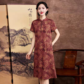 花萝香云纱真丝短袖连衣裙妈妈装改良唐装新中式桑蚕丝连衣裙女士