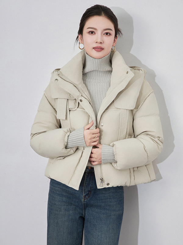 高奢90白鸭绒长短款羽绒服女2025新款加厚拼接PU设计感飘带面包服|undefined