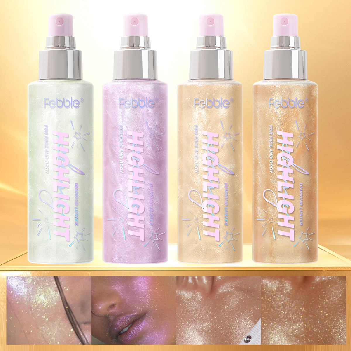 Febble transfronterizo serie de oro a prueba de agua spray líquido cuerpo líquido