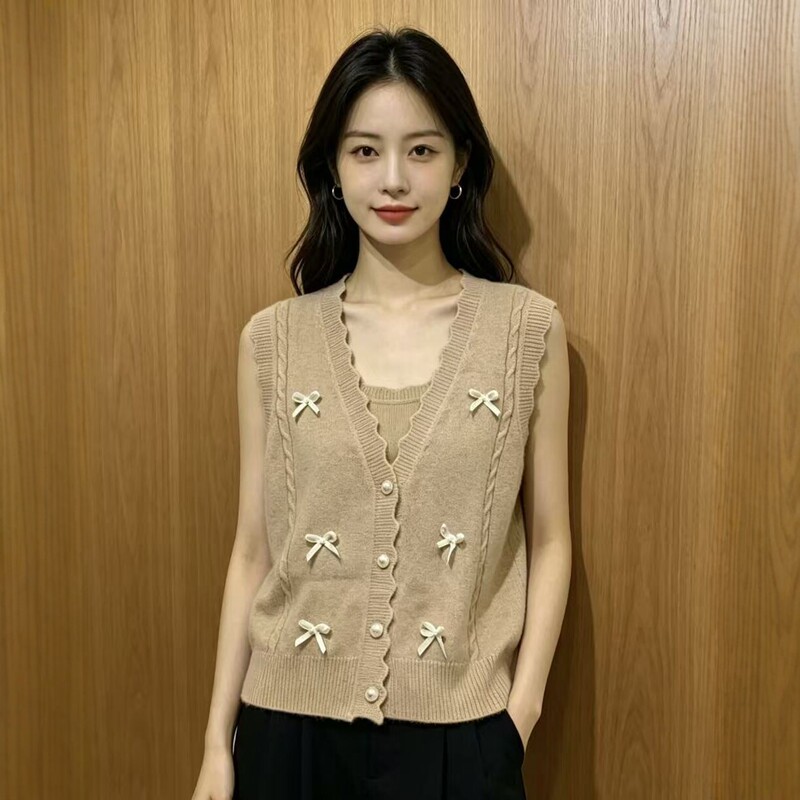 2026 New Style Bow-Knot Knit Vest V-Neck Cardigan Versatile Slimming Soft Layered Outerwear Tank Top