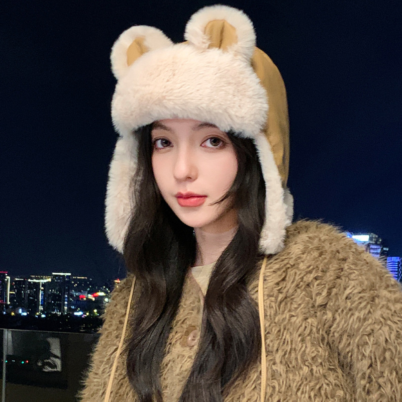 可爱小熊冬季帽子女加厚保暖雷锋帽骑行滑雪加绒护耳帽防风一体帽|undefined