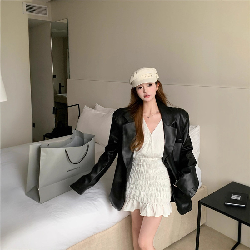 Black Pu Leather Suit Jacket for Women 2025 Early Autumn New High-End Loose Lace-Up Leather Jacket Casual Elegant Suit
