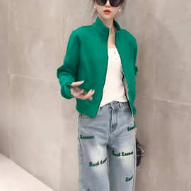 纯色潮流穿搭开衫绿色休闲上衣两件套女2023年新款牛仔裤休闲套装