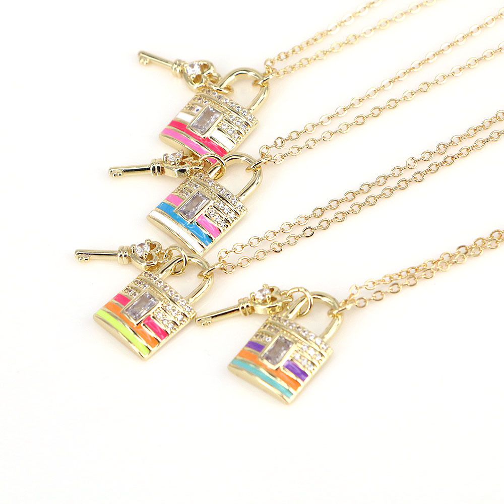 European And American Multicolor Dripping Oil Heart Lock Key Pendant Necklace display picture 2