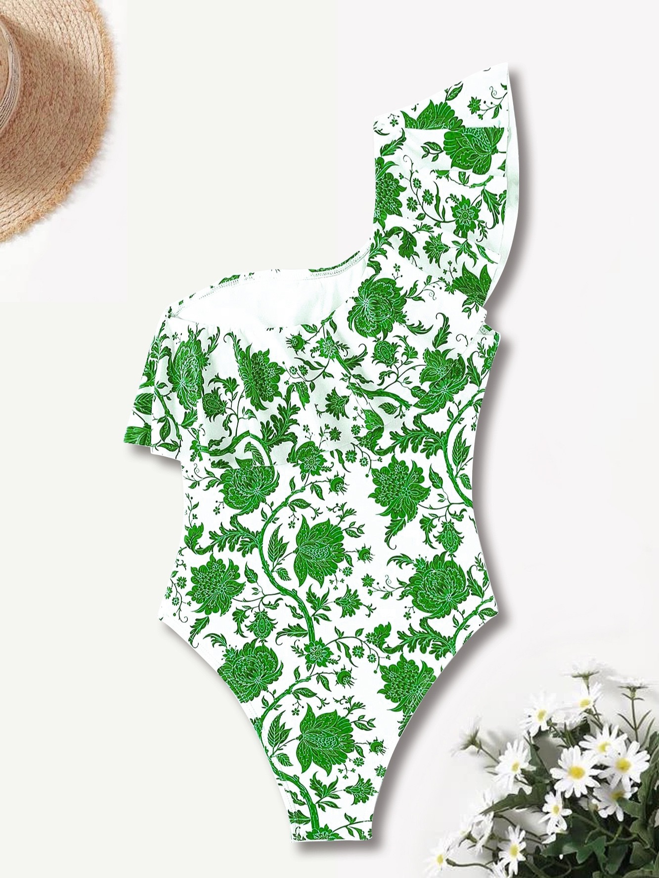 201g Weight Sleeveless Sleeve Length Polyester Fabric Type Regular Top Length Bodysuit Tops Type Swimming Occasion One Shoulder Neckline Skinny Fit Type Flower Pattern Women's Gender Bohemian Style Women's Bohemian Flower One Piece Swimwear 3