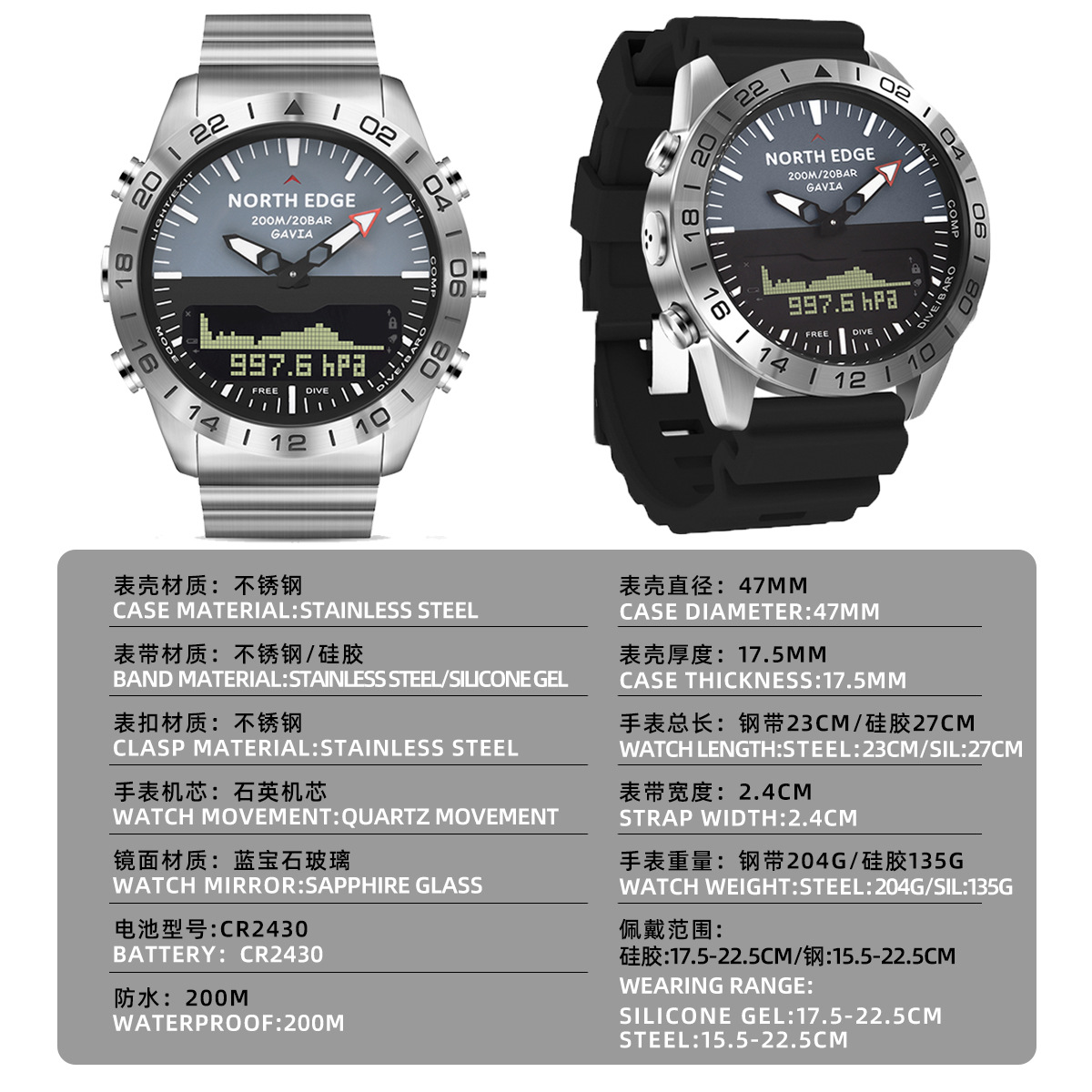 Hombres de negocios Ocio deportes al aire libre impermeable reloj de acero de alta presión reloj de buceo doble pantalla de acero inoxidable reloj de pulsera