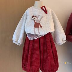 童装儿童秋装卡通卫衣韩系25新款女童休闲百搭印花长袖红色阔腿裤