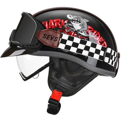 Motosiklet kaskı (dəbilqə) – Women Summer All-Season Motorcycle Half Helmet - bright-black-shark-bully-transparentmig-large-frame-goggles-m