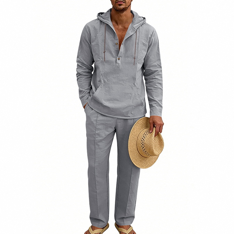 Completo da uomo in lino con cappuccio e pantaloni, vestibilità ampia, stile americano, casual, per vacanze e tempo libero, maniche lunghe._voghion.com