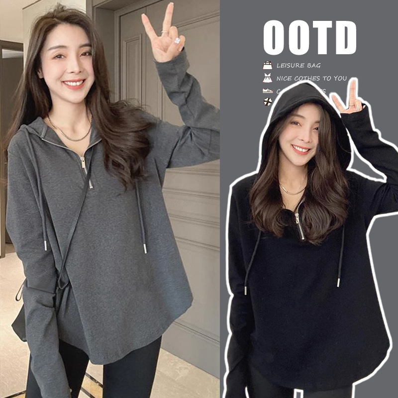Maternity clothes cotton shoulder long-sleeved T-shirt Women's Spring and Autumn Mid-length plus size niche top zipper hooded bottoming shirt